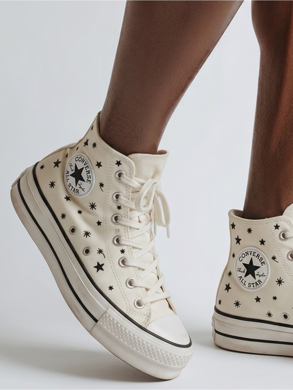 Converse High Top Platform Sneakers in Cream with Black Star Print